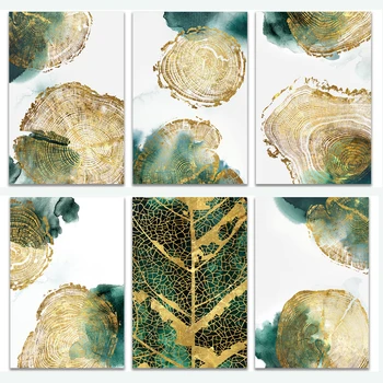 3tk Tekstuur Puu Rõngad Gold Line Lõuend Maalid Valge Rohelised Lehed Bioloogiliste Abstraktsed Pildid Kodus Ruumi Seina Decor