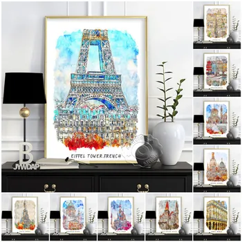Akvarell Linna Plakat, Taani, Itaalia Trüki Kunsti, Prantsusmaal Pariisi Torni Maastik, Maailma Reisi City Wall Decor, Lõuend Seina Kleebised,