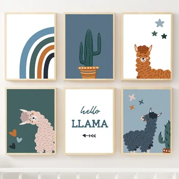 Armas Alpaca Vikerkaar Cactus Peace Lasteaed Põhjamaade Plakatid ja Pildid Seina Art Maali Pilt Kids Room Kingitus Kohandatav