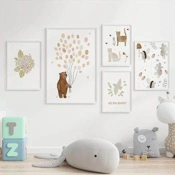 Boho Cartoon Talu Prints Jänes Karu, Siil Õhupalli Flower Part Lõuendile Maali PostersWall Kunsti Baby Kids Room Home Decor