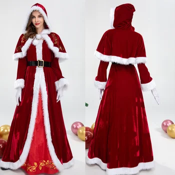 Deluxe Naiste Punane Samet Xmas Kleit Luksuslik Klassikaline Santa Claus Jõulud Daam Kostüüm Pool Komplekt