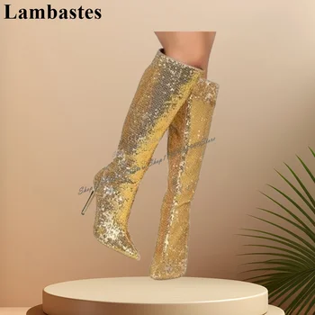 Graatsiline Põlve Kõrge Kuldne Glitter Decor Saapad Stilettos Kõrge Kontsaga Kingad Naistele Küljel Tõmblukk Pikad Varba 2023 Zapatillas Mujer