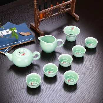 Hiina Kung Fu Tee Komplekt, 3D Seladon Keraamika, Hiina Lidded-cup Tee, Longquan Seladon, Värviline Karpkala Muster Teacup