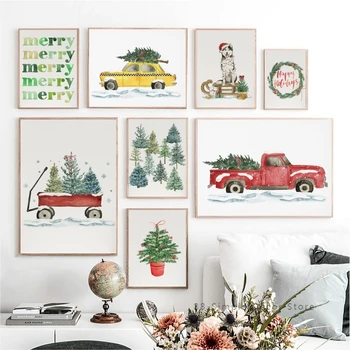 Jõulupuu Veoauto Kingitus Seina Art Lõuend Maali Nordic Plakatid Ja Pildid Häid Jõule Tuba Teenetemärgi Pildid