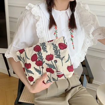 Kunsti värske lilleline puuvillane kott, meik Jaapani holding Kaasaskantav kott tühi-tähi ladustamise kott suu punane ümbrik