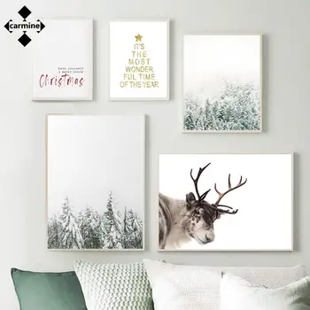Laadi Lumi Jõulud Scenic Seina Art Maali Nordic Plakatid ja Pildid Hirv Puu Tähed Printimine Kodus elutuba Decor