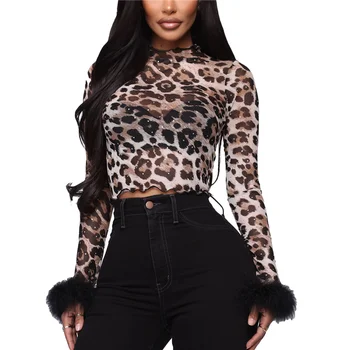 Seksikas Naiste Leopard Print T-särk Slim Pikad Varrukad Kärbitud Tops Dating Pool Y2k Indie Femme Manche Longue Reisimine Puhkus