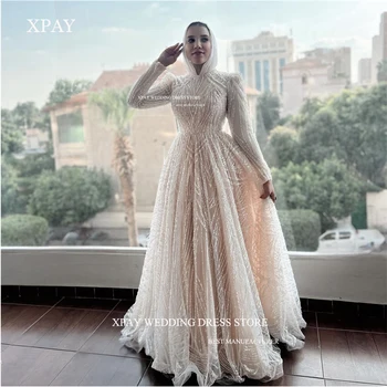 XPAY Glitter Sädelevat Pits araabia Moslemi Naiste Õhtu Kleidid Pikkade Varrukatega Põranda Pikkus Dubai Ballile Hommikumantlid Ametlik Sündmus