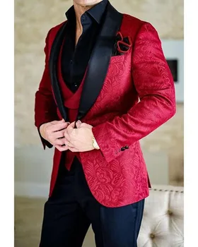 2022 Uus Disain Meeste Pulm Kostüümid Peigmees Ametliku Ülikond Ühe Nupud Burgundia Smoking Jakk Meeste Ülikond 3 Tükki Kostüüm Homme