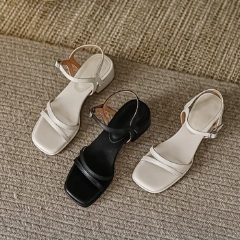 2023 uued Naiste sandaalid loomulik nahk, 22-25cm cowhide+seanahk+lambanahast pahkluu lukk sandaalid naiste suve kingad paks kanna