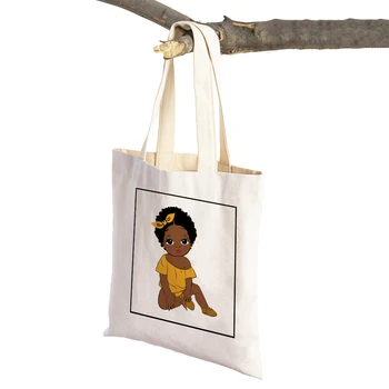 Cartoon Aafrika Laps Beebi Vabaaja Naiste Ostukott Eco Lõuend Armas Tüdruk Shopper Kott Supermarket Reisi Tassima Õla Käekott