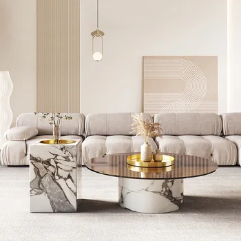 Elutoa mööbel kerge ekstravagantne marmor diivanilaud kombinatsioon kaasaegse lihtsa ümmarguse kunsti karastatud klaasist diivanilaud