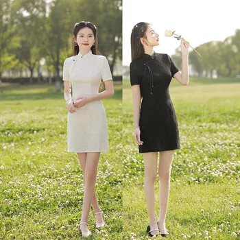 Hiina Suvel Mandarin Krae Sifonki Noor Tüdruk Mini Cheongsam Elegantne Retro Lühikesed Varrukad Qipao Igapäevane Kleit