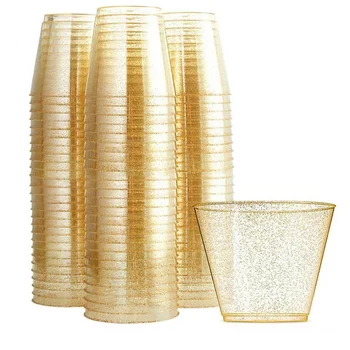 Kuld Plastikust Tassid, läbipaistvast Plastikust Veini Klaase, Väljamõeldud Ühekordselt Kõvast Plastikust Tassi koos Gold Glitter Pool Tassi 25Pcs