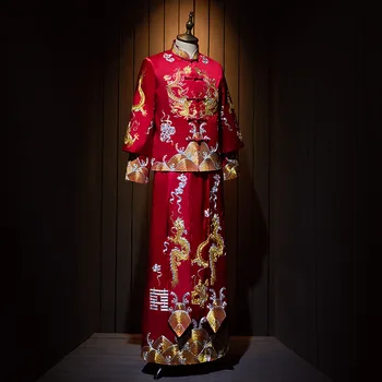 Kvaliteetne Peigmees Tikandid Cheongsam Meeste Pidulik Hiina Traditsiooniline Pulm Kleit Mandarin Krae китайская одежда