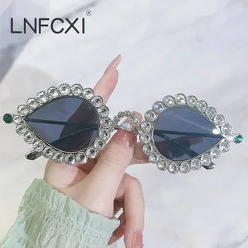 LNFCXI Diamond Päikeseprillid Naistele Retro Crystal Cat Eye päikeseprillid Meestele Vintage Luksus Brändi Tooni Naine Oculos UV400