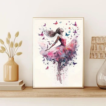 Liblikas Ballerina plakat Maal akvarell ballett liblikas tüdruk tuba teenetemärgi Lõuend trükkimine plakat Seina Art teenetemärgi