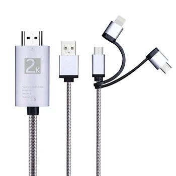 Micro-USB TYPE C Kuni 3 In 1 2K HDTV TV-Liides-USB-Adapter-Kaabel Monitori Iphone, Ipad, Android Nutitelefoni