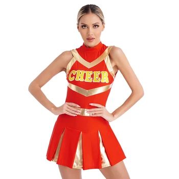 Naiste Läikiv Cheerleading Ühtne Tuju Tantsu Kleit Varrukateta Plisseeritud Prindi Kleit Nooruslik Koolitüdruk Meeskonda Cosplay Kostüümid