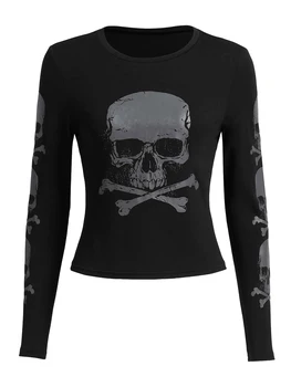 Naiste Must Pikk Varrukas Kaeluse ümber Skull Print T-särki Kevad-Sügis Õhuke Tops