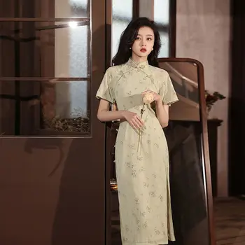 Naiste Roheline Elegantne Cheongsam Lühikesed Varrukad Traditsiooniline Vintage Kleit Pulm Kostüümid Slim Vabaaja Kõrge mood Qipao S XXL