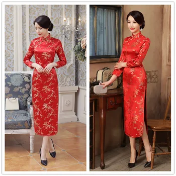 Punane Prindi Lill Cheongsam Naiste Vintage Hiina Kleidid Pikk Lõhik Qipao Suvel, Kevadel Vestidos Traditsiooniline Kleit Cheongsams