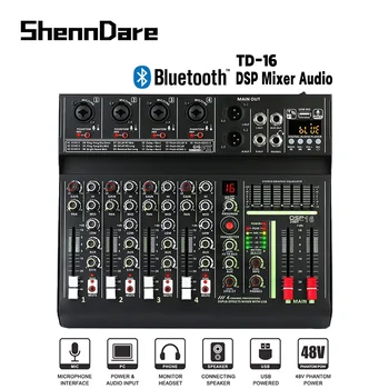 SHENNDARE TD16 Professional Sound Mixing Console 48V Phantom Power USB Audio Mixer 4 Channel Bluetooth Heli Tabel DSP Mõju