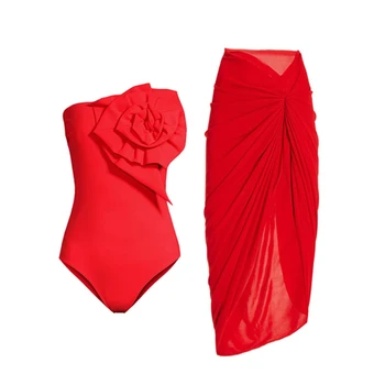 Seksikas Naiste Ujumisriided 2023 Punane Värv Õla 3D Lill Bikinis Ühes Tükis Ujumistrikoo Kõrge Vöökoht Mood Ebaregulaarne Seelik trikoo
