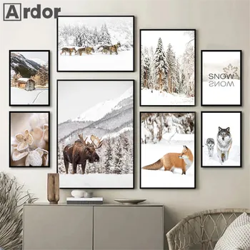Talvel Lumi Rebane Põder Koerad Hundi Plakatid Mägi Puu Lõuendile Maali Maastik Seina Art Print Põhjamaade Pilt Elutuba Decor