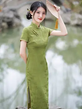 Traditsiooniline Hiina Mandariini Krae, Lühike Varrukas Satiin Qipao Mood Vintage Retro Naiste Tüdrukute Põlvikud Cheongsam Kleit